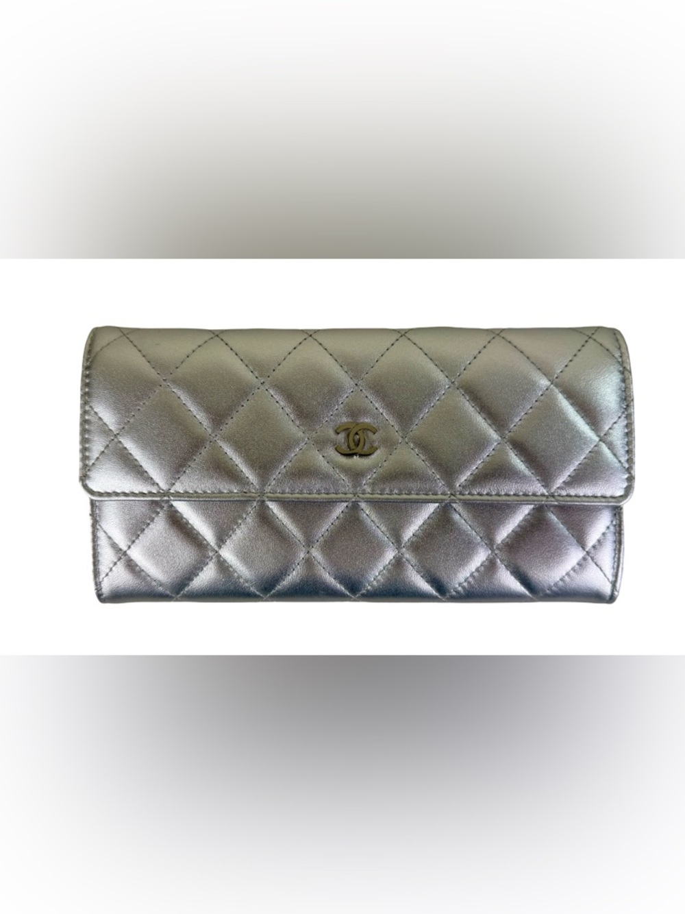 CHANEL SILVER METALLIC LAMBSKIN QUILTED LONG WALLET